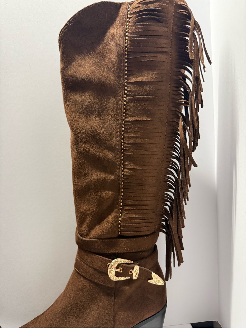 Cato Brown Suede Fringe Mid-Calf Heeled Boots - Picture 2 of 6